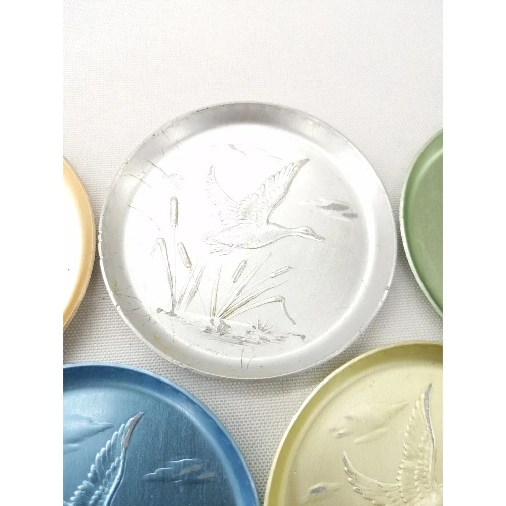 Vintage Anodized Aluminum Coaster Set Multicolor Embossed Duck 5pc 3.5in